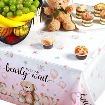 Tegeme Bear Baby Shower Tablecloth Plastic Bear Table Cover We Can Bearly Wait Baby Tablecloth Balloon Star Flower Table Cover for Kids Birthday Party and Baby Shower, 54 x 108 Inch(Pink,3 Pack)