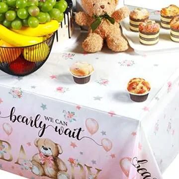 Tegeme Bear Baby Shower Tablecloth Plastic Bear Table Cover We Can Bearly Wait Baby Tablecloth Balloon Star Flower Table Cover for Kids Birthday Party and Baby Shower, 54 x 108 Inch(Pink,3 Pack)
