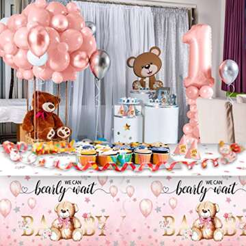 Tegeme Bear Baby Shower Tablecloth Plastic Bear Table Cover We Can Bearly Wait Baby Tablecloth Balloon Star Flower Table Cover for Kids Birthday Party and Baby Shower, 54 x 108 Inch(Pink,3 Pack)