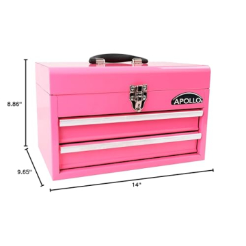 Apollo Tools Pink Metal Toolbox with 2 Drawers and Organizer