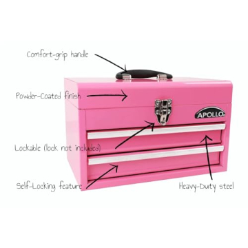 Apollo Tools Pink Metal Toolbox with 2 Drawers and Organizer