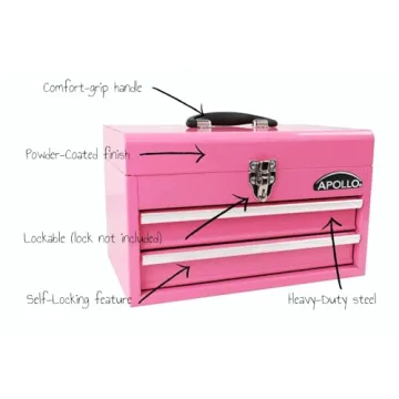 Apollo Tools Pink Metal Toolbox with 2 Drawers and Organizer