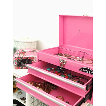 Apollo Tools Pink Metal Toolbox with 2 Drawers and Organizer