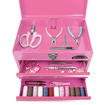 Apollo Tools Pink Metal Toolbox with 2 Drawers and Organizer