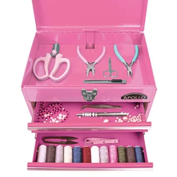 Apollo Tools Pink Metal Toolbox with 2 Drawers and Organizer