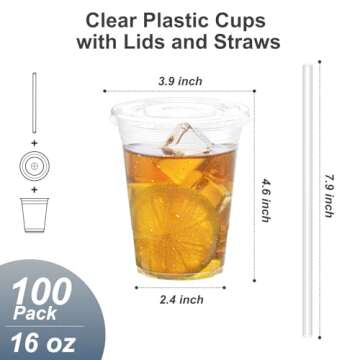 Dealusy 100 Pack - 16 oz Clear Plastic Cups with Lids and Straws, Sturdy & Food Safe Iced Coffee Cup...