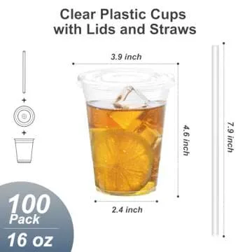 Dealusy 100 Pack - 16 oz Clear Plastic Cups with Lids and Straws, Sturdy & Food Safe Iced Coffee Cup...