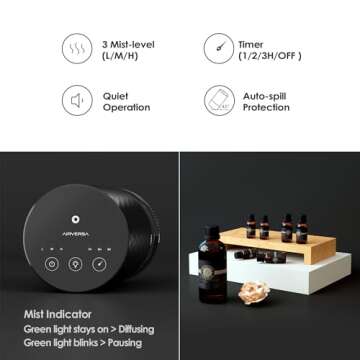 Airversa Waterless Diffuser Essential Oil 100mL Capacity Scent Air Machine for Home Aromatherapy Nebulizer Premium Metal Battery Operated 3 Mist Settings Timers Color Light AN3 Black