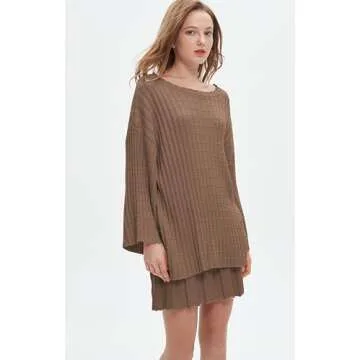 EZAPINE Womens Sweater Skirt Set Oversized Casual Loose Knit Sweater Pleated A Line Mini Skirt 2 Piece Outfits