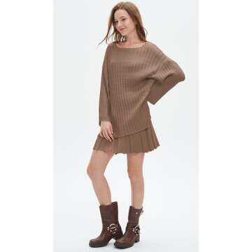 EZAPINE Womens Sweater Skirt Set Oversized Casual Loose Knit Sweater Pleated A Line Mini Skirt 2 Piece Outfits