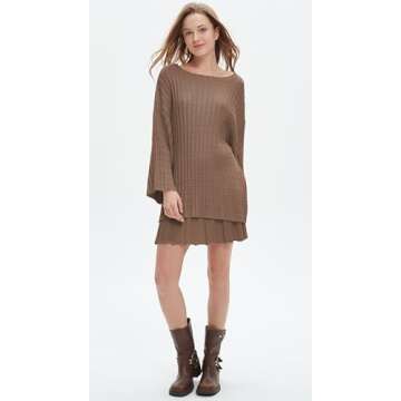 EZAPINE Womens Sweater Skirt Set Oversized Casual Loose Knit Sweater Pleated A Line Mini Skirt 2 Piece Outfits