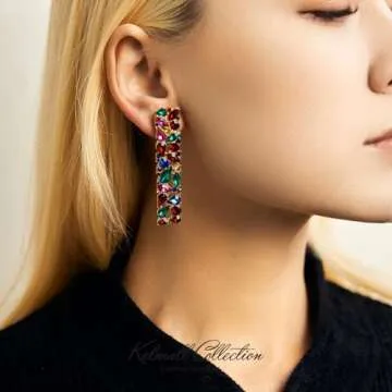 KELMALL Elegant Rhinestone Rectangle Earrings Trendy Crystal Geometric Drop Dangle Statement Earrings for Women