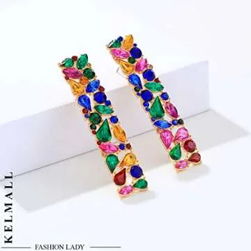 KELMALL Elegant Rhinestone Rectangle Earrings Trendy Crystal Geometric Drop Dangle Statement Earrings for Women