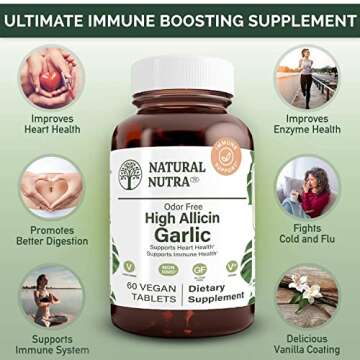 Natural Nutra High Allicin Garlic Supplement, Supports Immune System, Improve Heart Health, Improve Enzymes Health, Better Digestion, Fights Cold and Flu, Vanilla Coating, 500mg, 60 Vegan Tablets