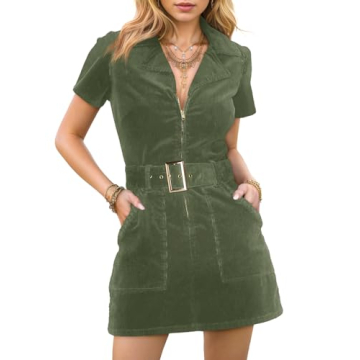 Women's Corduroy Mini Dress Short Sleeve Lapel Zip Up Belted Cowgirl Dresses with Pockets Army Green