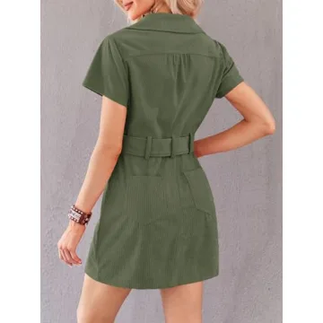 Women's Corduroy Mini Dress Short Sleeve Lapel Zip Up Belted Cowgirl Dresses with Pockets Army Green
