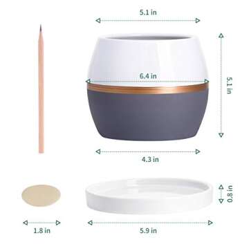 POTEY Ceramic Planter Flower Plant Pot - 5.1” with Drain Hole Saucer-Enough Space - Modern Decorative for Indoor Planters-White with Gold and Grey Detailing