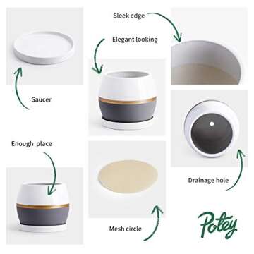 POTEY Ceramic Planter Flower Plant Pot - 5.1” with Drain Hole Saucer-Enough Space - Modern Decorative for Indoor Planters-White with Gold and Grey Detailing