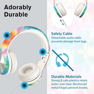 LilGadgets Connect+ Pro Kids Headphones with Mic and Cord, SharePort Technology, Over-Ear Foldable Headset, Volume Limit 93db, Wired Inline 3.5mm Jack for School- Tie Dye Rainbow