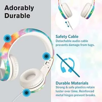 LilGadgets Connect+ Pro Kids Headphones with Mic and Cord, SharePort Technology, Over-Ear Foldable Headset, Volume Limit 93db, Wired Inline 3.5mm Jack for School- Tie Dye Rainbow