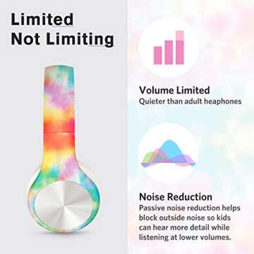 LilGadgets Connect+ Pro Kids Headphones with Mic and Cord, SharePort Technology, Over-Ear Foldable Headset, Volume Limit 93db, Wired Inline 3.5mm Jack for School- Tie Dye Rainbow