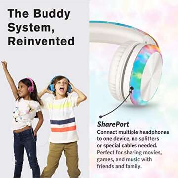 LilGadgets Connect+ Pro Kids Headphones with Mic and Cord, SharePort Technology, Over-Ear Foldable Headset, Volume Limit 93db, Wired Inline 3.5mm Jack for School- Tie Dye Rainbow
