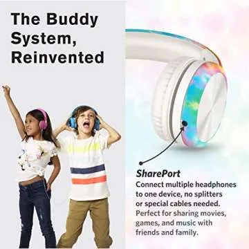 LilGadgets Connect+ Pro Kids Headphones with Mic and Cord, SharePort Technology, Over-Ear Foldable Headset, Volume Limit 93db, Wired Inline 3.5mm Jack for School- Tie Dye Rainbow
