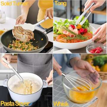 LIANYU 15 Pcs Cooking Kitchen Utensils Set with Holder, Silicone Kitchen Gadgets with Stainless Steel Handle, Heat Resistant Spatula Tools, Brush Spoon Tong Whisk Ladle Turner for Cookware, White