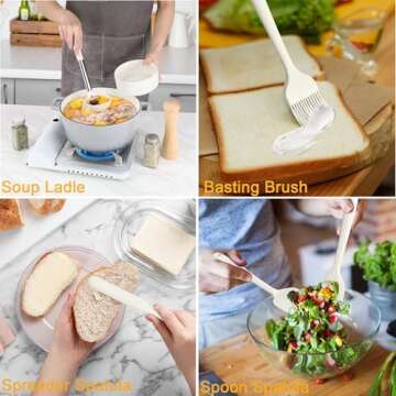 LIANYU 15 Pcs Cooking Kitchen Utensils Set with Holder, Silicone Kitchen Gadgets with Stainless Steel Handle, Heat Resistant Spatula Tools, Brush Spoon Tong Whisk Ladle Turner for Cookware, White