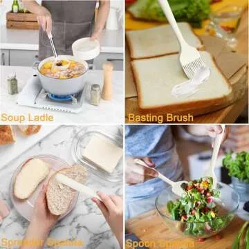 LIANYU 15 Pcs Cooking Kitchen Utensils Set with Holder, Silicone Kitchen Gadgets with Stainless Steel Handle, Heat Resistant Spatula Tools, Brush Spoon Tong Whisk Ladle Turner for Cookware, White