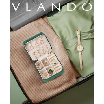 Vlando Travel Jewelry Case, Small Travel Jewelry Organizer Box for Girls Women - Dark Green