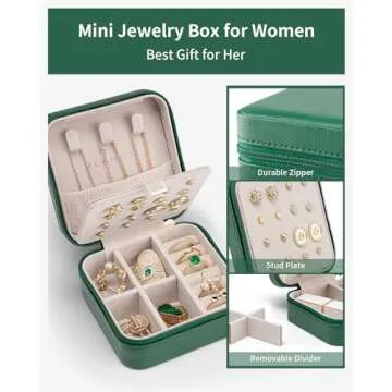Vlando Travel Jewelry Case, Small Travel Jewelry Organizer Box for Girls Women - Dark Green