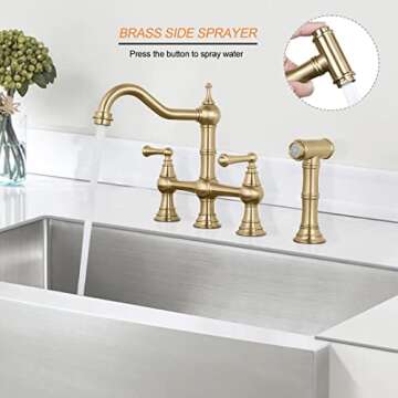 WOWOW Brass Kitchen Faucet Bridge with Side Sprayer, 4 Hole Kitchen Faucet 2 Handle 8 Inch Centerset...