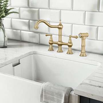 WOWOW Brass Kitchen Faucet Bridge with Side Sprayer, 4 Hole Kitchen Faucet 2 Handle 8 Inch Centerset Gold Faucet for Kitchen Sinks, Heritage Brushed Gold Kitchen Sink Faucet