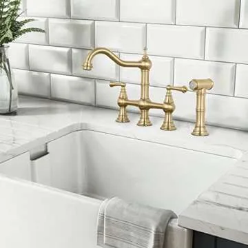 WOWOW Brass Kitchen Faucet Bridge with Side Sprayer, 4 Hole Kitchen Faucet 2 Handle 8 Inch Centerset Gold Faucet for Kitchen Sinks, Heritage Brushed Gold Kitchen Sink Faucet