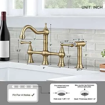 WOWOW Brass Kitchen Faucet Bridge with Side Sprayer, 4 Hole Kitchen Faucet 2 Handle 8 Inch Centerset Gold Faucet for Kitchen Sinks, Heritage Brushed Gold Kitchen Sink Faucet