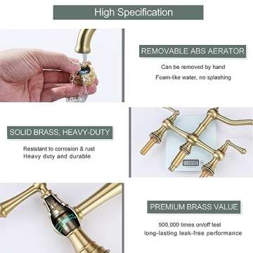 WOWOW Brass Kitchen Faucet Bridge with Side Sprayer, 4 Hole Kitchen Faucet 2 Handle 8 Inch Centerset Gold Faucet for Kitchen Sinks, Heritage Brushed Gold Kitchen Sink Faucet