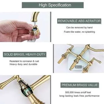 WOWOW Brass Kitchen Faucet Bridge with Side Sprayer, 4 Hole Kitchen Faucet 2 Handle 8 Inch Centerset Gold Faucet for Kitchen Sinks, Heritage Brushed Gold Kitchen Sink Faucet