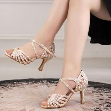 AOQUNFS Women's Rhinestones Latin Dance Shoes Ballroom Salsa Performance Professional Practice Dancing Shoes,L429,Beige-7.5,US 8