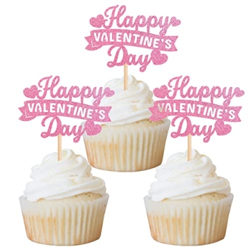 Rsstarxi Glitter Pink Happy Valentine's Day Cupcake Toppers for Weddings
