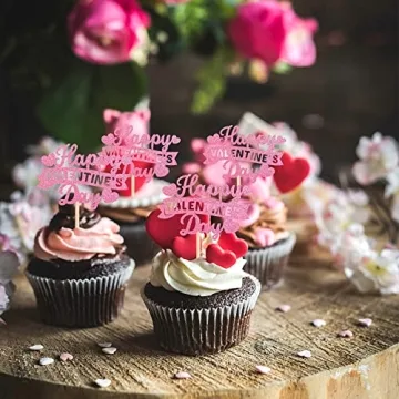 Glitter Happy Valentine's Day Cupcake Toppers - 24 Pack