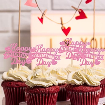 Glitter Happy Valentine's Day Cupcake Toppers - 24 Pack