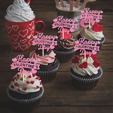 Glitter Happy Valentine's Day Cupcake Toppers - 24 Pack