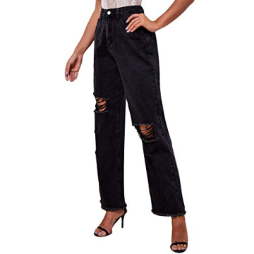 Stylish Ripped High Waist Straight Leg Jeans for Women
