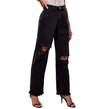 Stylish Ripped High Waist Straight Leg Jeans for Women