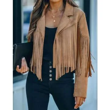 Casual Faux Leather Jacket Women Motorcycle Jacket Fringe Cropped Jacket Utility Tassel Suede Moto Jacket (Medium,Camel)