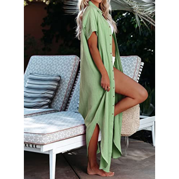 Dokotoo Womens Summer Beach Swim Cover Up Long Boho Casual Cardigans Short Sleeve Side Split Loose Button Down Swimsuit Bikini Swimsuit Swimwear Cover Ups Kimono Green Small