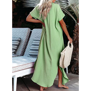 Dokotoo Womens Summer Beach Swim Cover Up Long Boho Casual Cardigans Short Sleeve Side Split Loose Button Down Swimsuit Bikini Swimsuit Swimwear Cover Ups Kimono Green Small