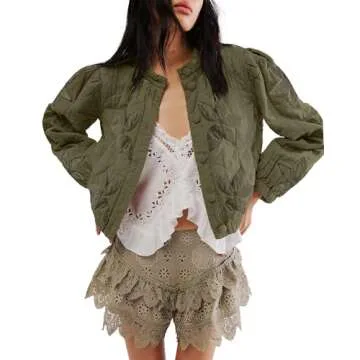 Locachy Women's Casual Cropped Puffer Jacket - Floral Embroidery