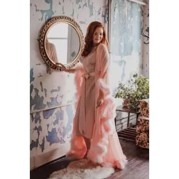 Feather Bridal Robe Fur Robes Long Sheer Maternity Photoshoot Dress Chiffon Lingerie Christmas Gowns Bathrobe Sleepwear Nightgown Photography Blush Small-Medium